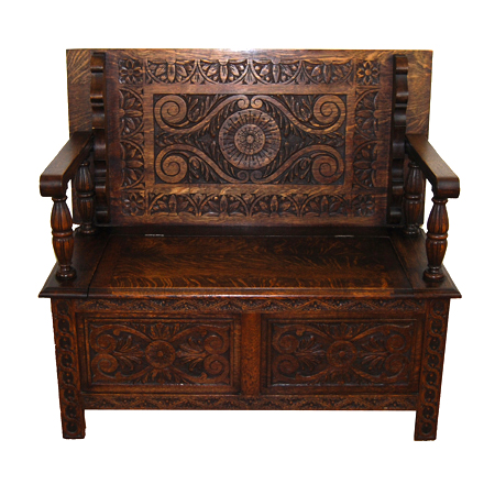 Carved 1920s monks bench by Allen & Appleyard - The Sitting Place