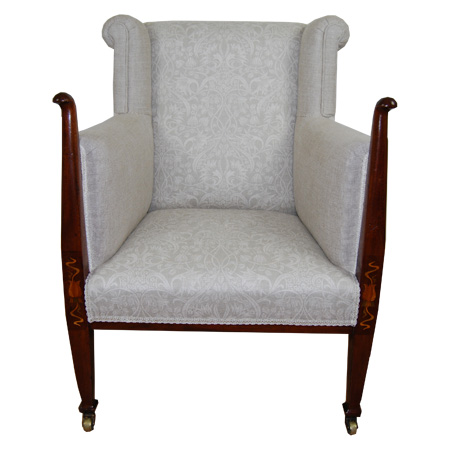 Art nouveau inlaid and upholstered wing back armchair - The Sitting Place