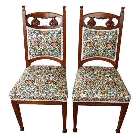 Arts & Crafts side chairs with carved pomegranates - The Sitting Place