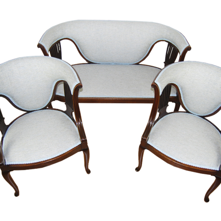 Cornelius V Smith Salon Suite of two tub chairs and a settee all bearing the CVS Stamp - The Sitting Place