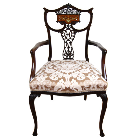 Edwardian fretwork elbow chair with very fine inlays - The Sitting Place