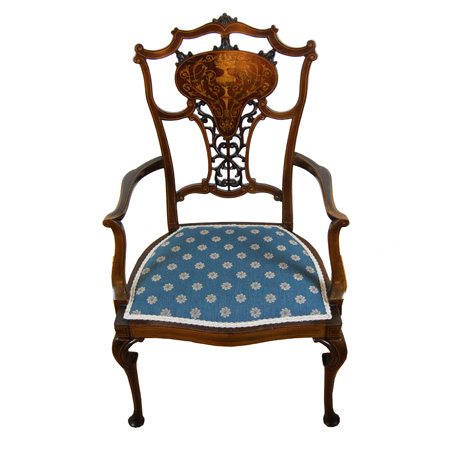 Edwardian carved elbow chair with very fine marquetry - The Sitting Place