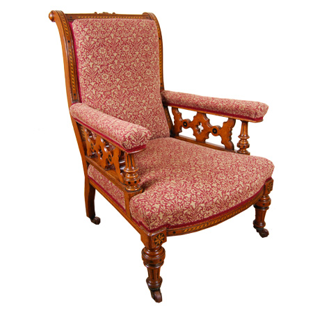 Victorian Gothic Revival upholstered and inlaid oak armchair - The Sitting Place