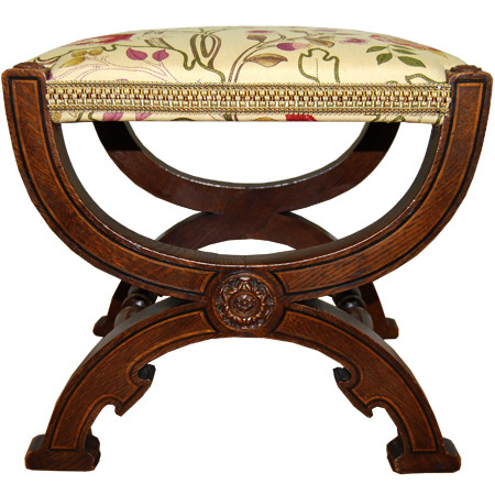 Victorian Gothic Revival inlaid oak x-framed stool - The Sitting Place