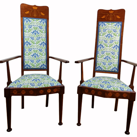 Liberty style Art Nouveau Arts & Crafts high-back inlaid chairs- The Sitting Place