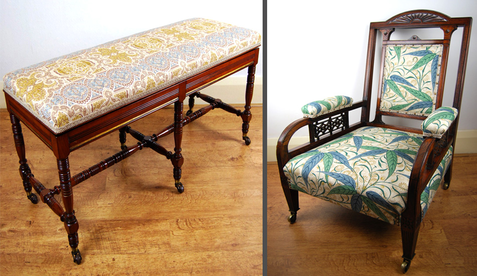 Victorian duet stool and Anglo-japanese armchair upholstered by The Sitting Place.