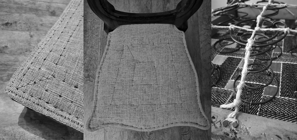 Details shown on the upholstery process by The Sitting Place such as different stitching following seating contours, and lashing of springs.