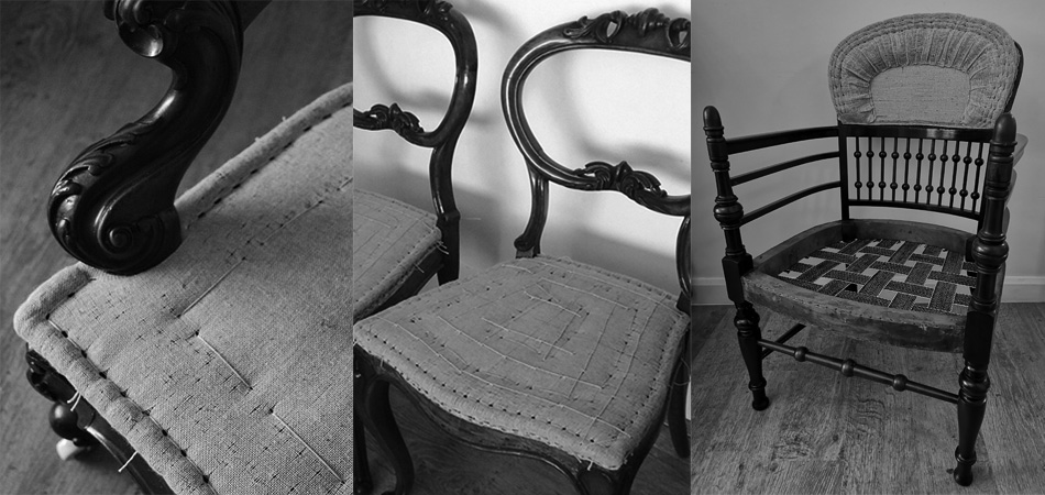 In traditional upholstery the edges of seats and chair backs are hand stitched with twine using rows of blind stitching and ending with top stitching to create a firm edge, as shown here.