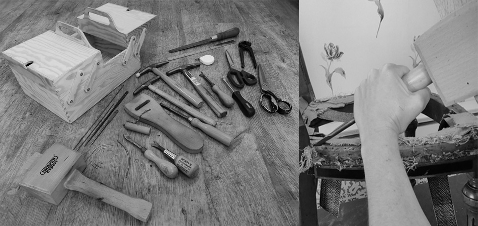 Selection of hand tools used in traditional upholstery